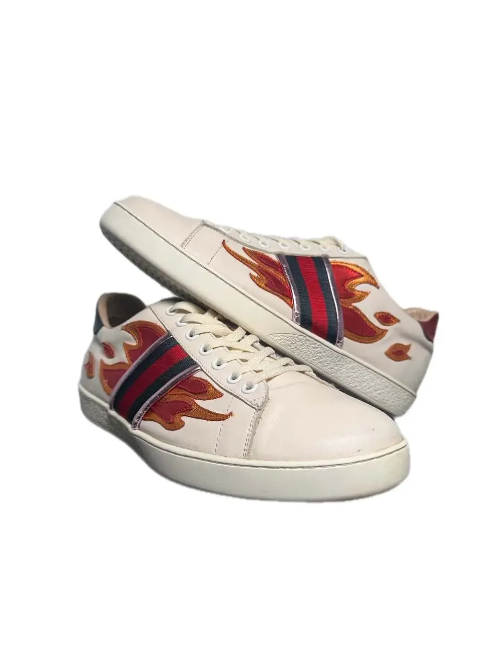 Gucci Ace Flame Embroidered Leather Low-Top Sneakers